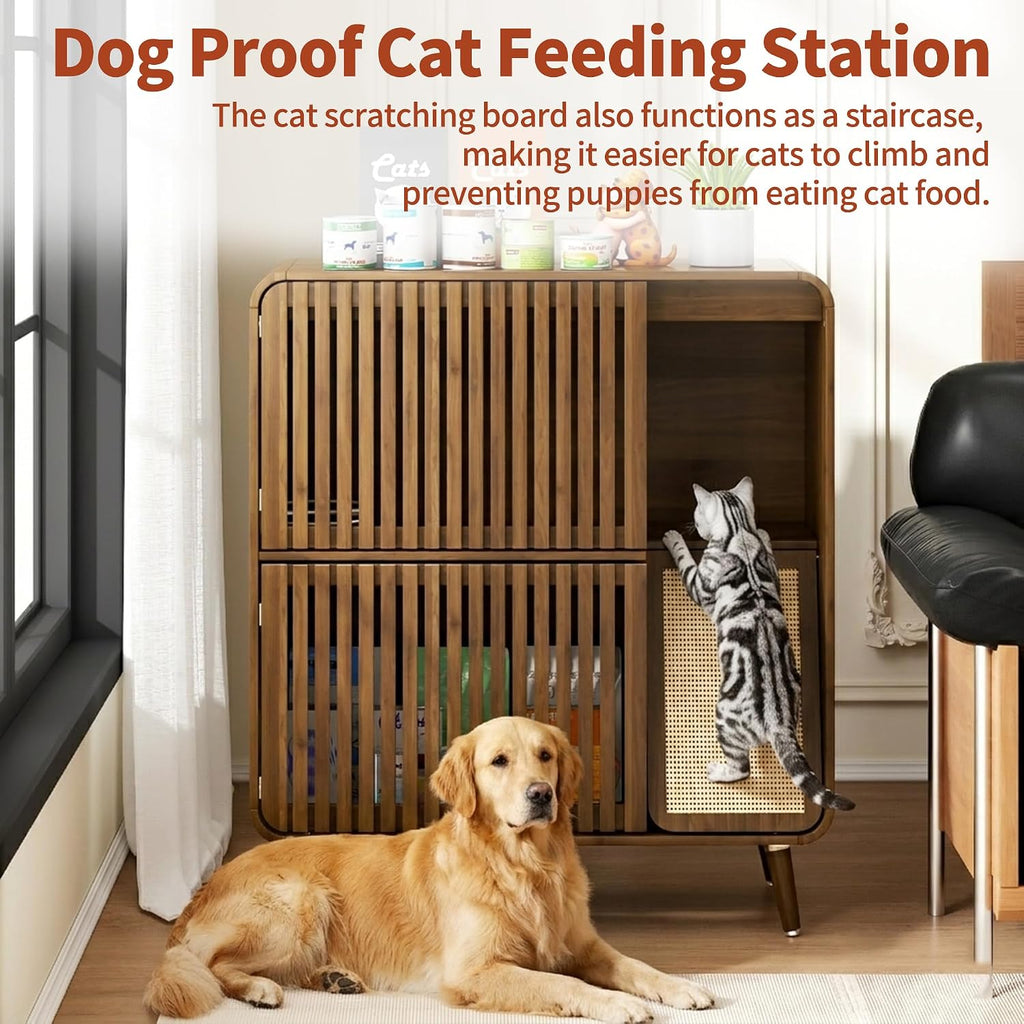 Dog Proof Cat Feeding Station, Pet Feeding Station with Storage, Walnut