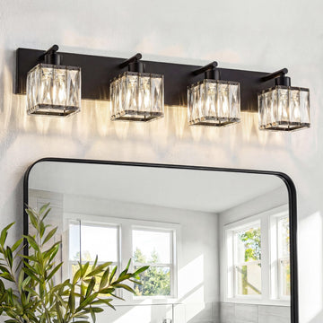 4-Light Crystal Bathroom Vanity Light Square, Matte Black