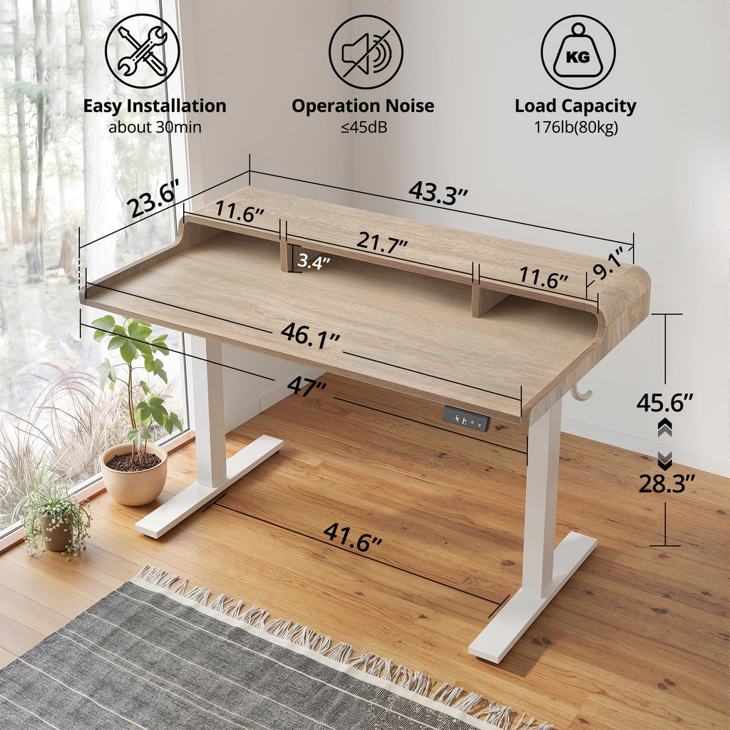 47 * 24 inch Standing Desk with Curved Top Shelf, Maple