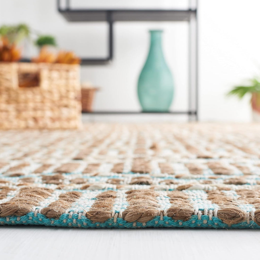 Area Rug 8x10 - Natural Fiber Collection - Large - Teal & Natural, Handmade Jute & Cotton Flat Weave, Stripe Pattern