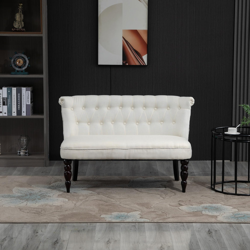 Fabric Loveseat with Wood Legs, Buton Tufted Settee, Cream White