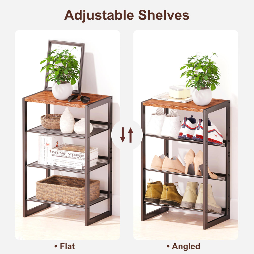 Narrow 4-Tier Shoe Rack, Slim Space-Saving Shelf with Decorative Wood Top & Steel Mesh, Entryway/Closet/Dorm