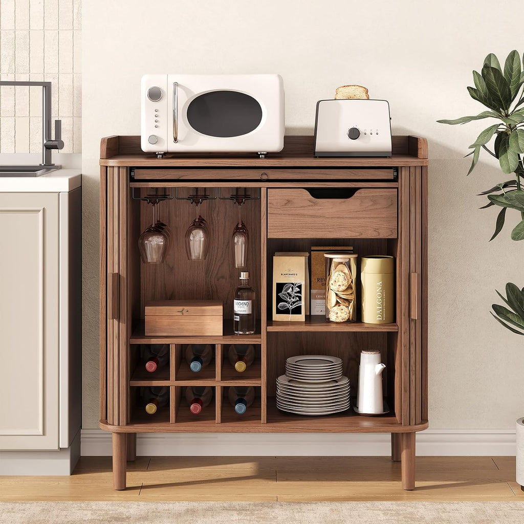 Fluted Bar Cabinet with Storgae, Wine Cabinet, 33" H, Walnut | Coffee Bar Cabinet, Liquor Cabinet, with Charging