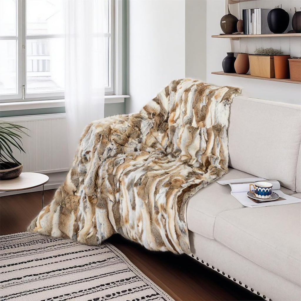 Fur Blanket Throw for Couch Tan Rabbit Fur Throw Blanket Non-Woven Fabric Backing Fuzzy Fluffy Super Soft Plush