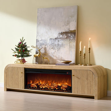 70" Fluted Fireplace TV Stand with Rounded Corner, Natural Oak