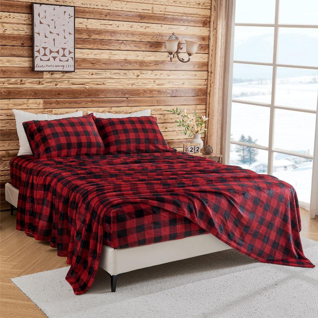 Plaid Flannel Sheet Set, Full Size, Red and Black, 4 Pieces