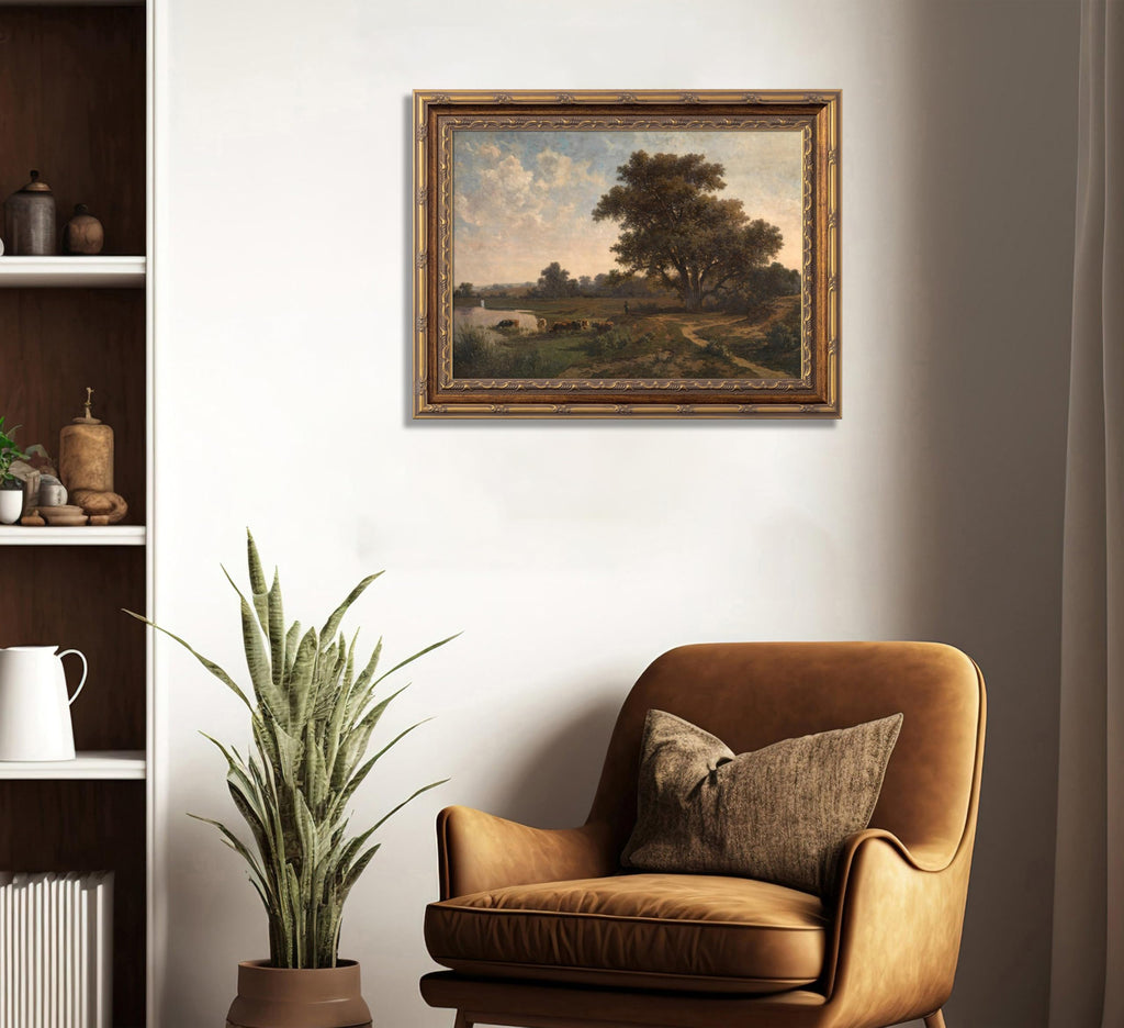 Vintage Gold Framed Landscape Wll ArtRetro Rustic Countryside Wall Decor Classic Rural River Scene Painting Picture