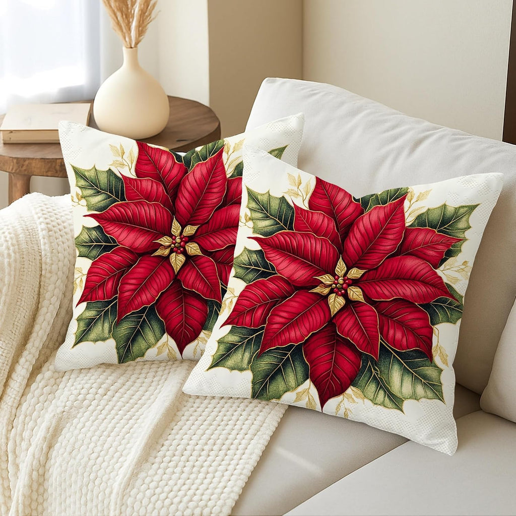 Retro Christmas Poinsettia Throw Pillow Covers 18x18, Soft Fun Xmas Plant Pillow Cases Kit with Zipper - Set of 2
