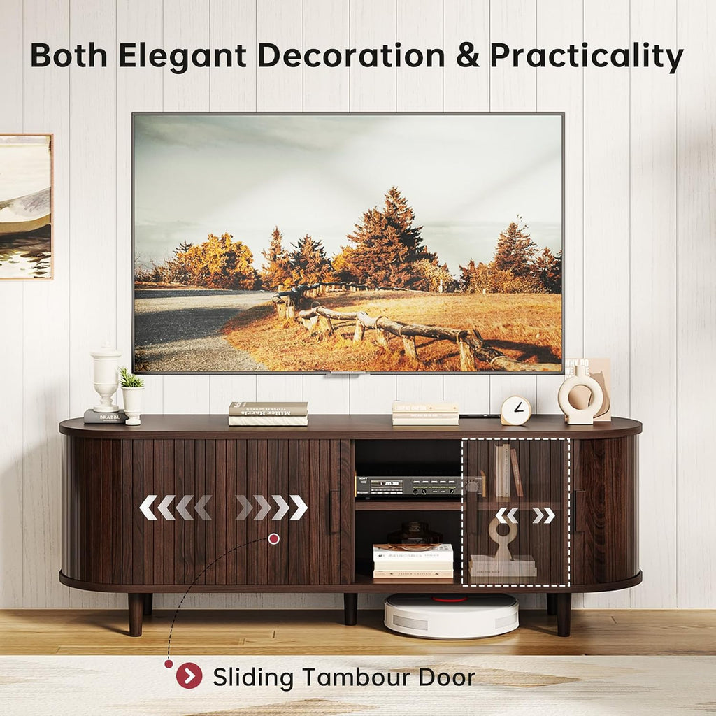 58" Mid Century Modern TV Stand, TV Consoles with Sliding Doors, Wood Entertainment Center with Power Outlet and