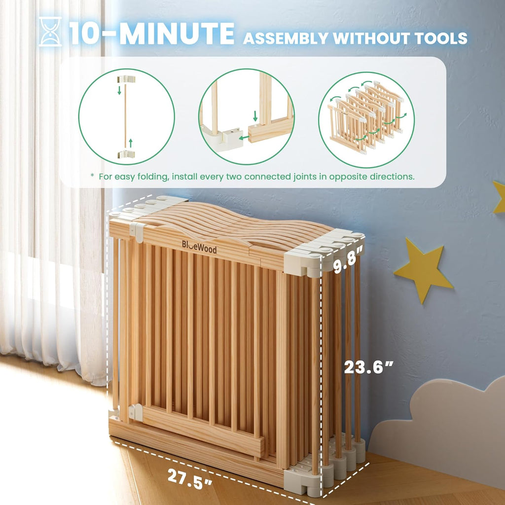 Foldable Wooden Playpen, Natural, 79 x 53 x 24 inches | Adjustable Wood Baby Play Yard with Door, Indoor Large Safety