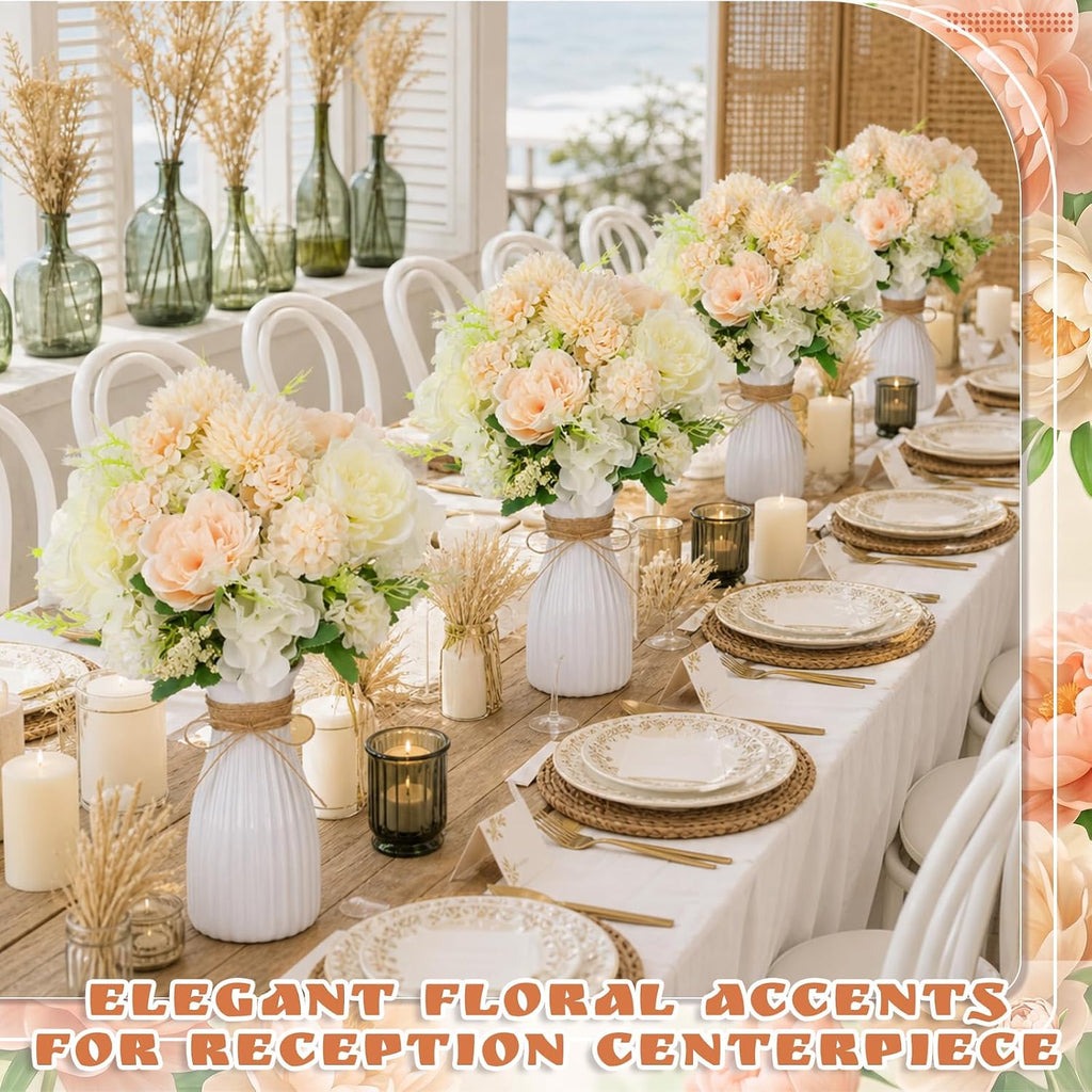 Set Artificial Hydrangea Peony Flowers with Vase, Champagne - Set of 12