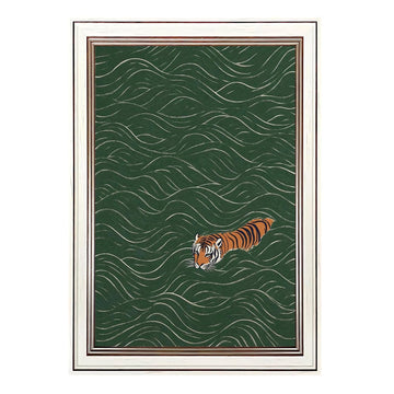 Framed Japanese Tiger Swimming Wall Art Ukiyo-e Inspired Wildlife Canvas Print Green Nature Animal Poster Artwork