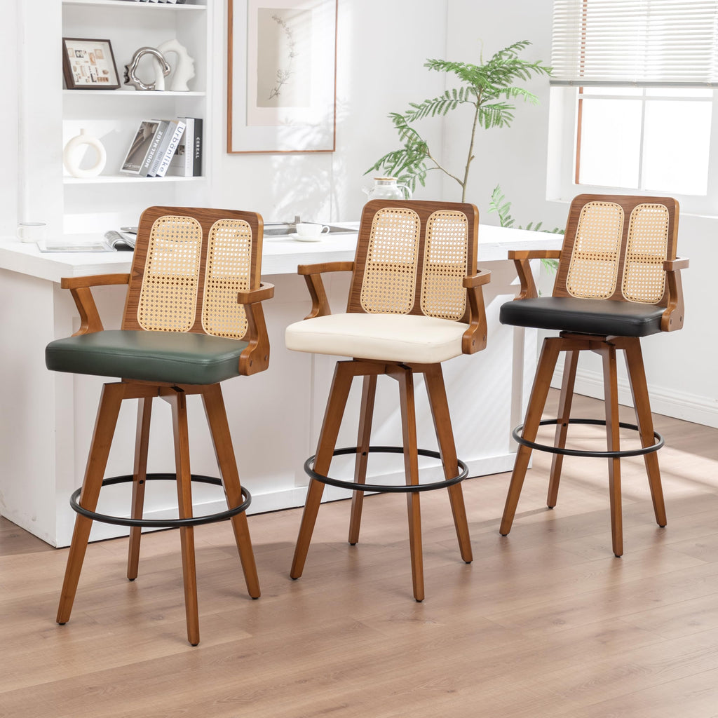 Mid Century Modern Bar Stools, 30 inch Swivel Rattan bar stools Walnut