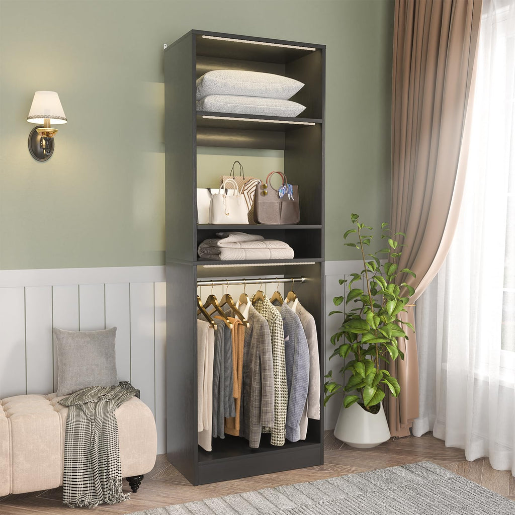 25" Closet Organizer System with Hanging Rods and Shelves, Black