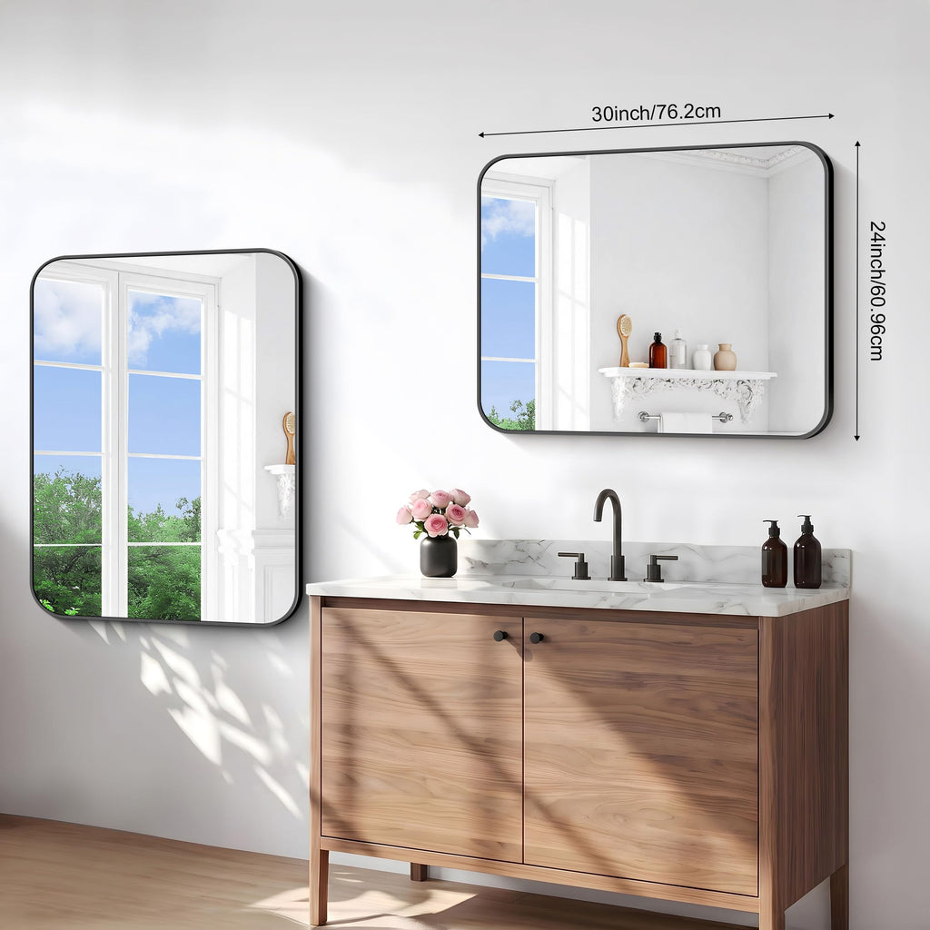 24x30 inch Bathroom Mirror 2-Pack,Black Rectangle Mirror,Wall Mounted Bathroom Frame Vanity Mirror with Round Corner