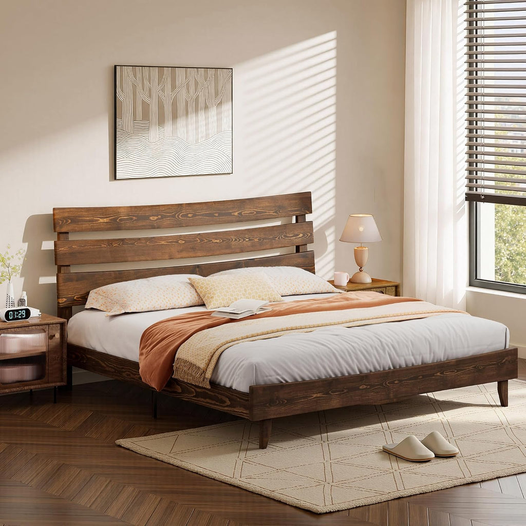 14" Queen Size Bed Frame with Headboard, Japanese Style, Chocolate