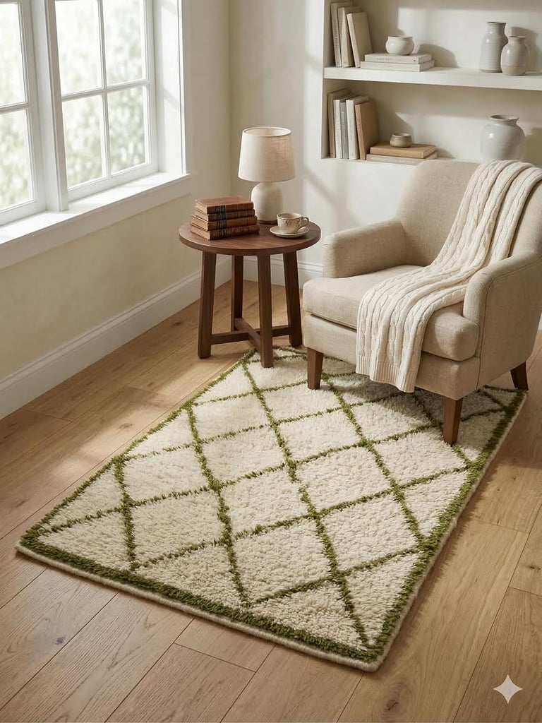 Handmade Moroccan Berber Area Rug 3' x 5', 100% Wool High Pile Shag, Beni Ourain Style, Ivory/Cream with Green