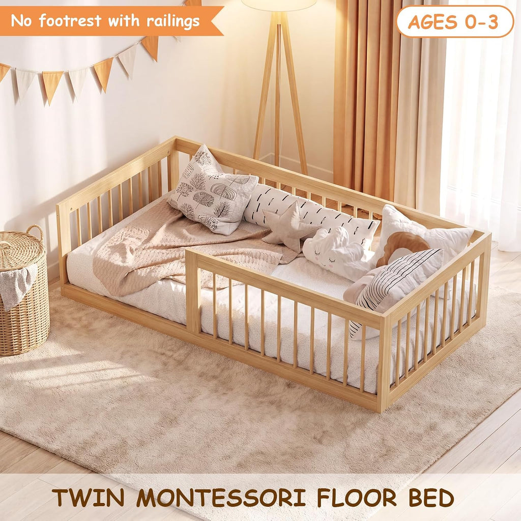 Montessori Floor Bed for Kids, Removable Rails, Burlywood