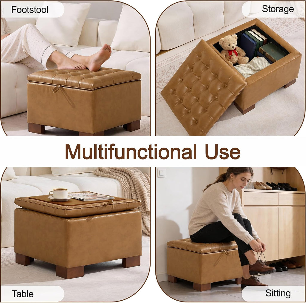 24" Faux Leather Square Storage Ottoman with Wooden Tray, Modern Tufted Button Footstool Coffee Table, Upholstered