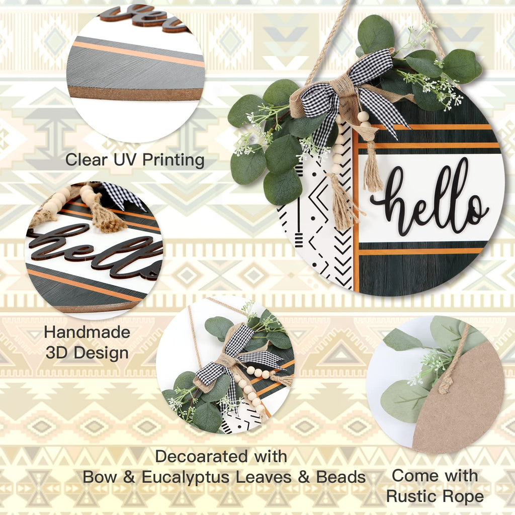 Boho 3D Hello Front Door Sign Wreath Decor 12x12 inch