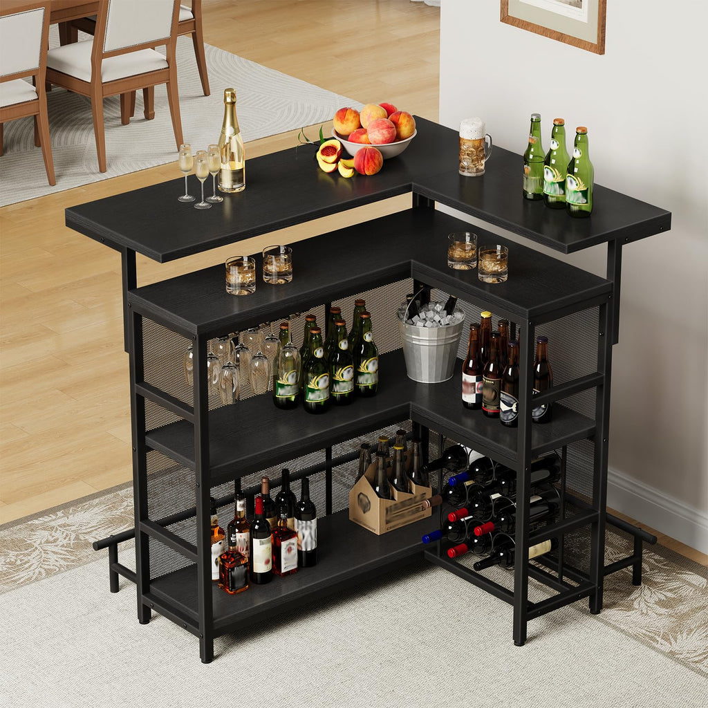 Bar Unit, L-Shaped Bar Table with Glasses Holder & 4-Tier Shelves, Corner Mini Liquor Cabinet with Footrest &