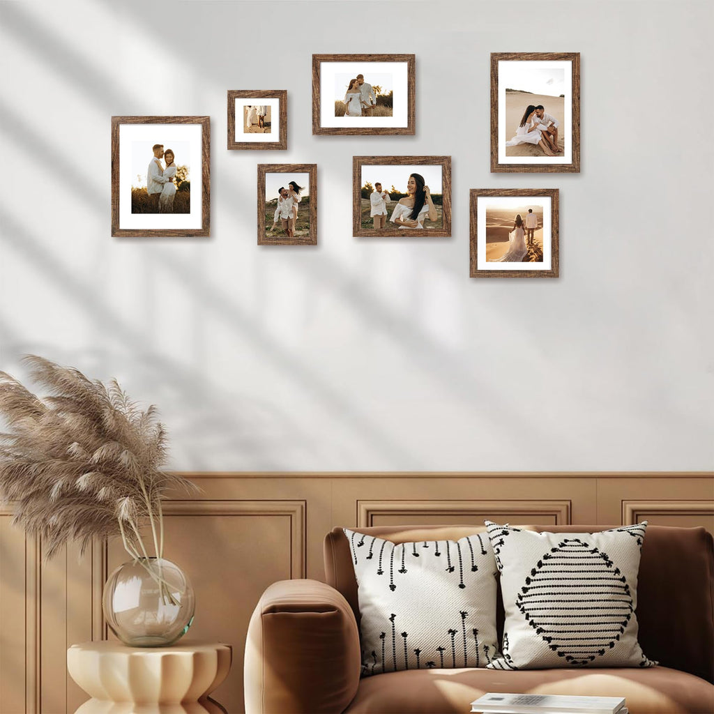 6x6 Picture Frame Set of 4 with Real Glass, Rustic Frames Display 4x4 Picture with Mat or 6 x 6 Without Mat, Wood