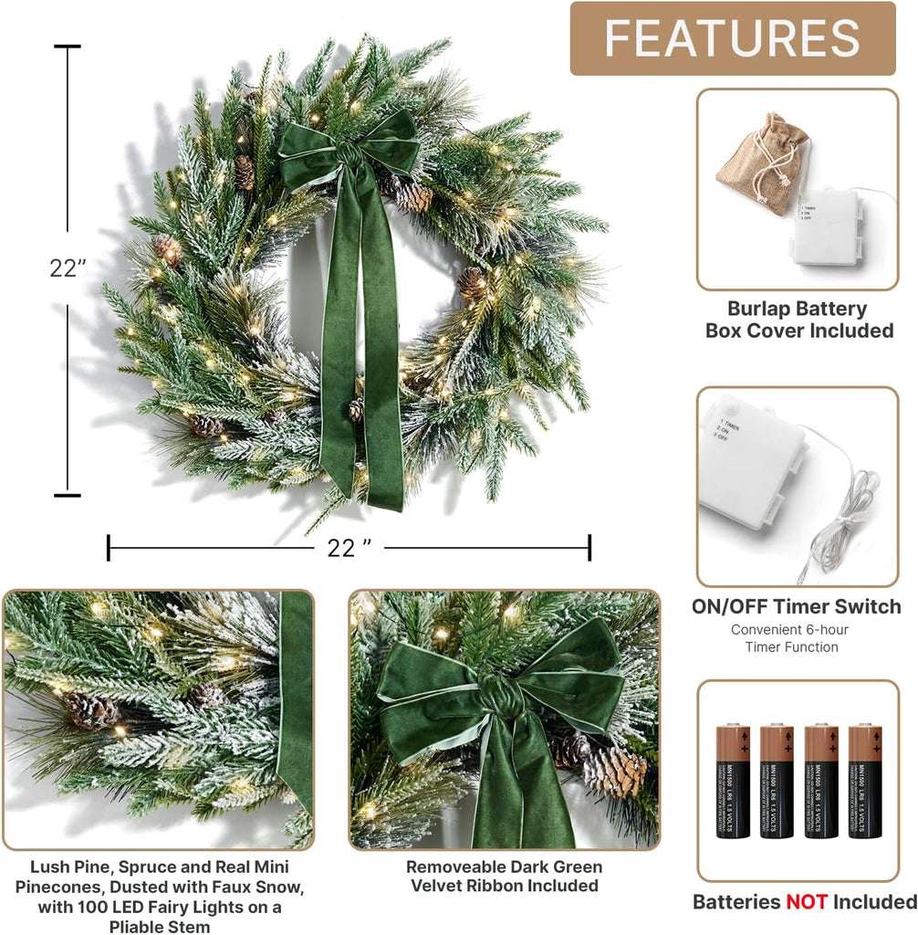 Christmas Wreath for Front Door with Lights, 22 in Cypress Wreath