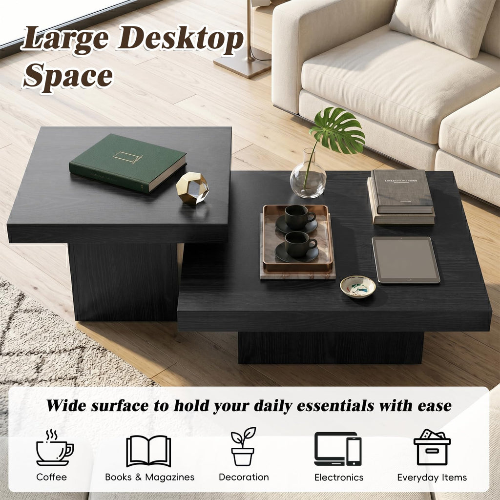 Nesting Coffee Table Set of 2, Square Centre Table, Modern Accent Table with 1.6" Thick Tabletop, Wood Coffee Tables