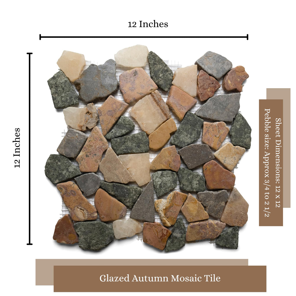 CNK Glazed Autumn Stone Pebble Tile - 12" x 12" Unpolished Natural Stone Backsplash, and Outdoor Flooring | Durable