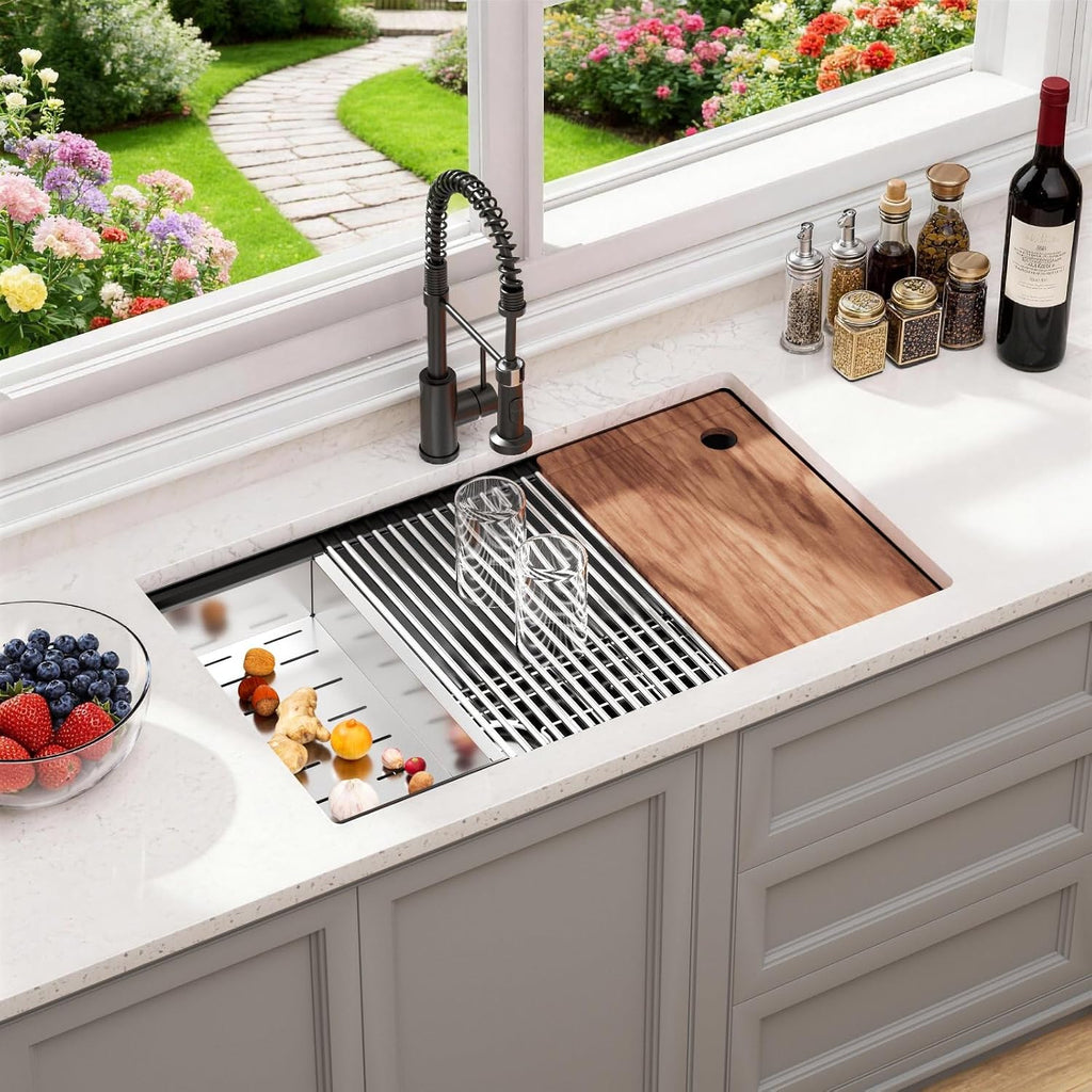 Black Stainless Steel Kitchen Sink: 32in Single Bowl Undermount Workstation | 8.625" Deep Single Bowl 304 Stainless