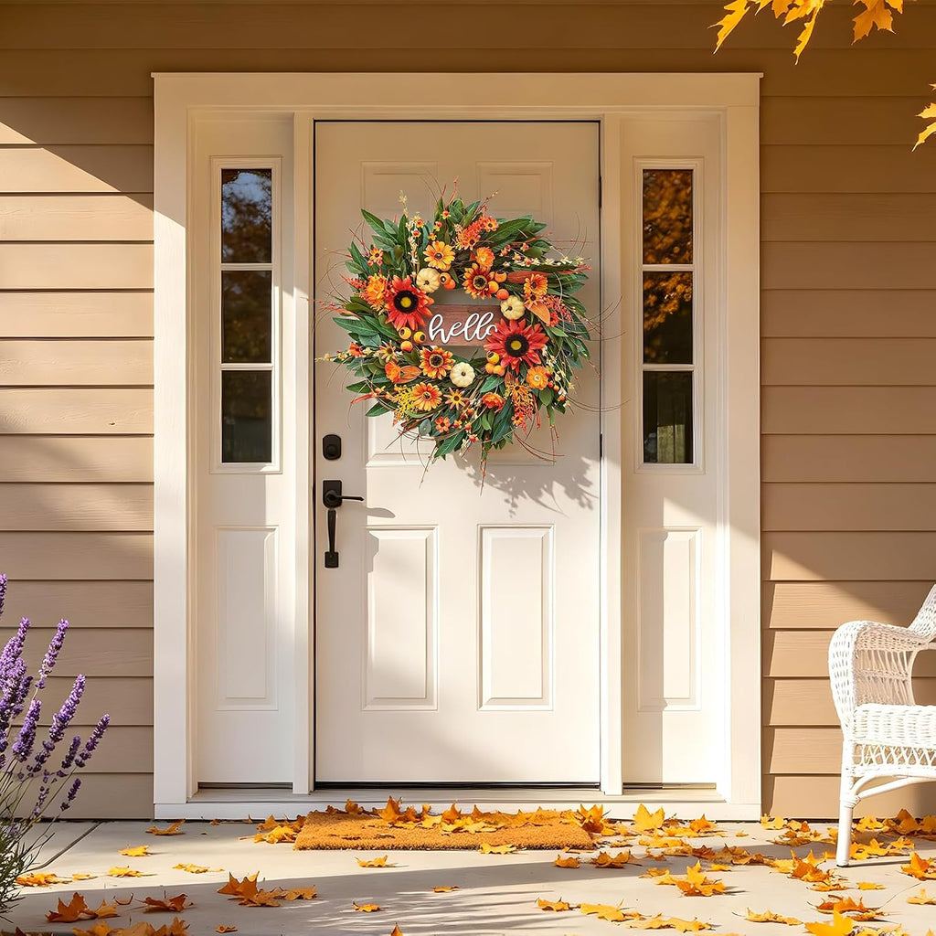 24 Inch Artificial Fall Wreaths for Front Door Outside with Hello Sign''