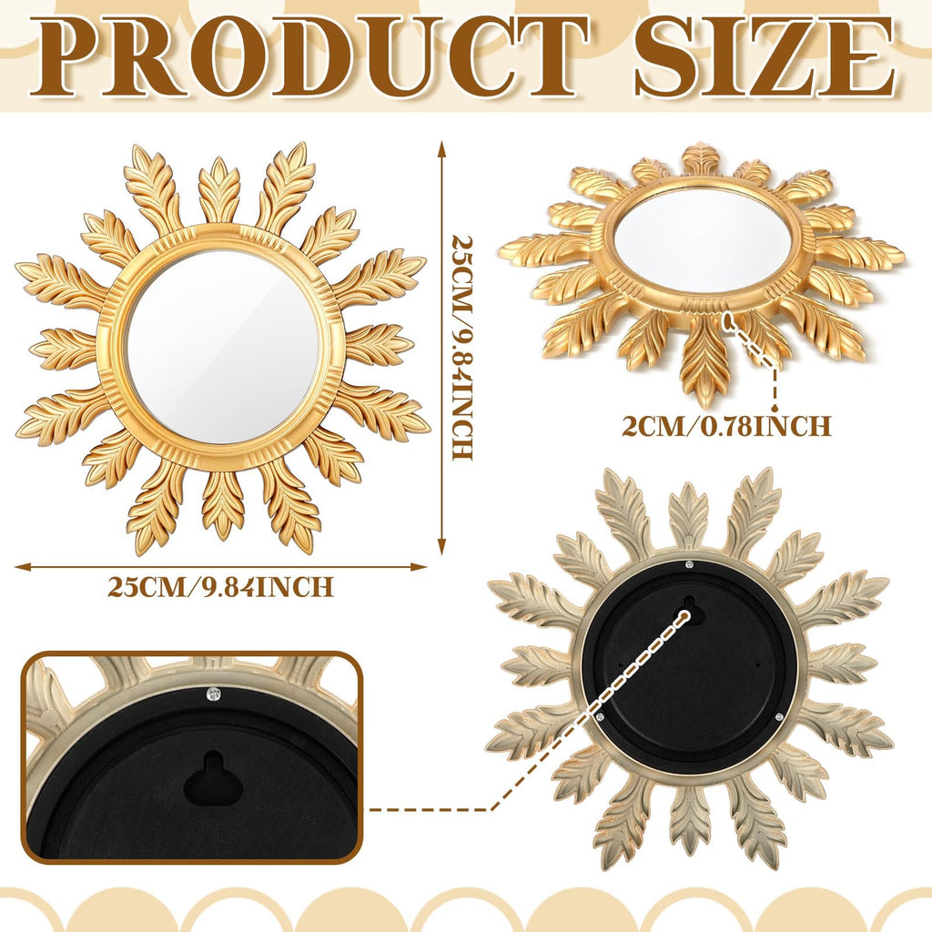 4 Pack Round Mirrors for Wall Sunburst Floral Home Decor, Gold