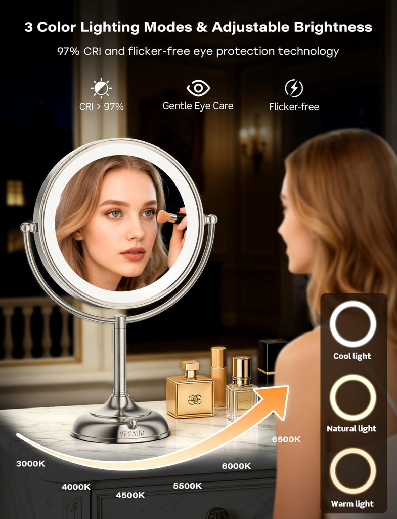 2026 Upgraded 20X lighted makeup mirror with magnification, 9" 1X10X Magnifying Mirror with 3 Color Modes &