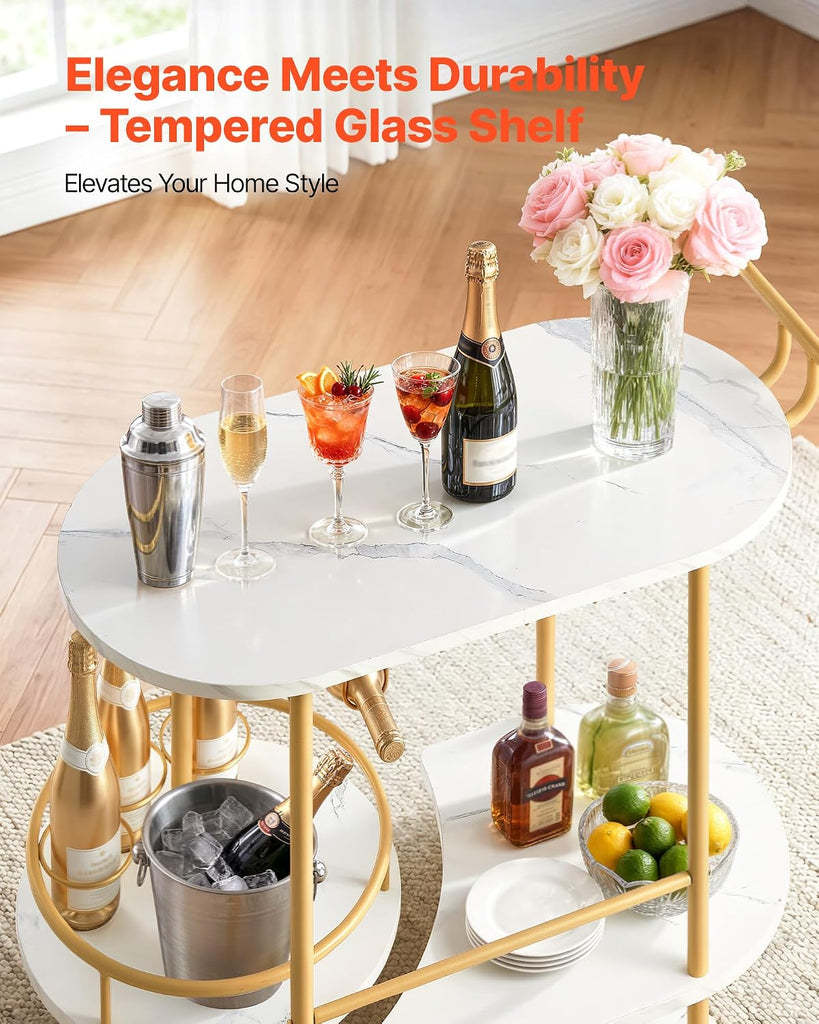 Bar Cart, 3 Tiers Home Kitchen Serving Carts, Modern Round Rolling Utility Station on Wheels, Mobile Drink Beverage