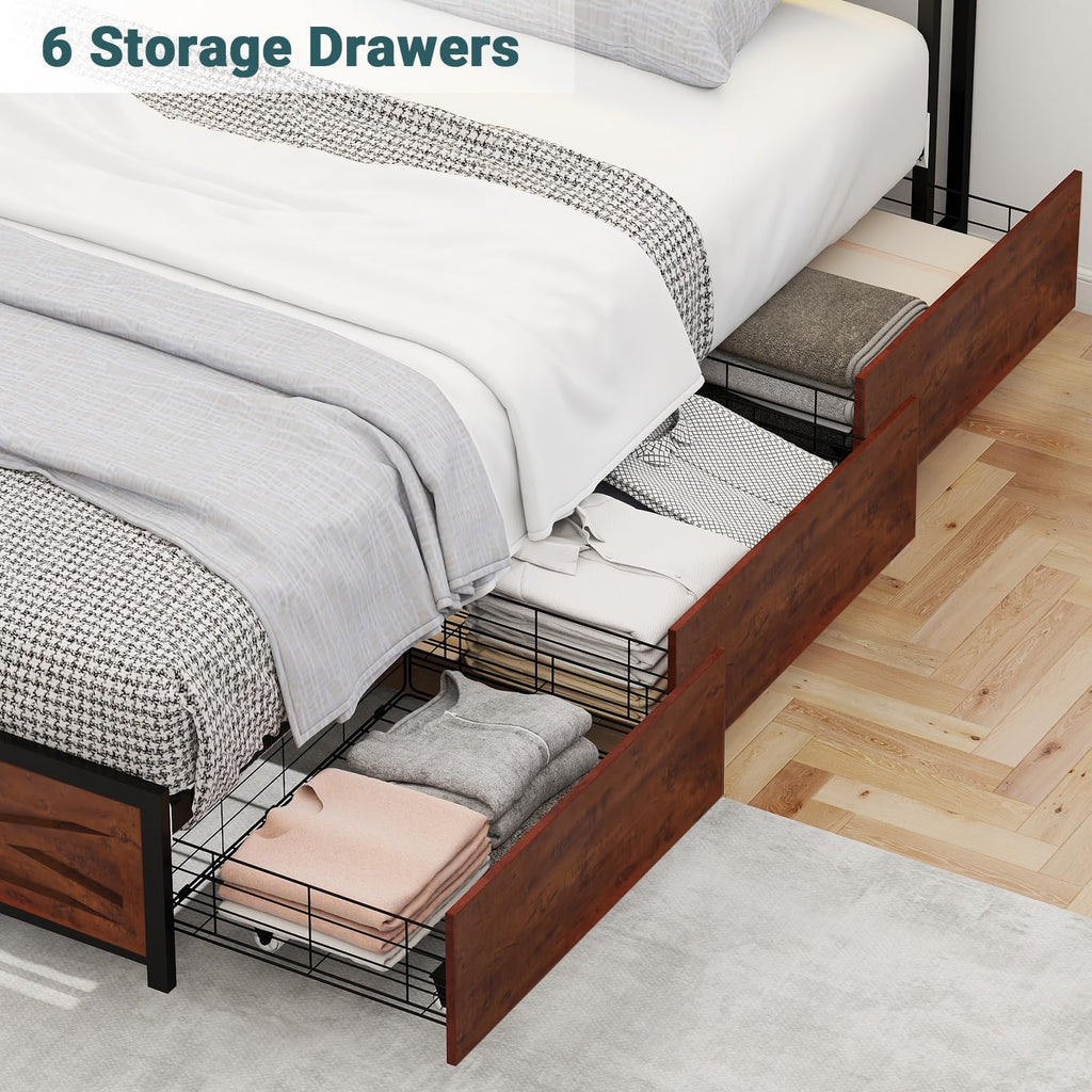 LED Bed Frame with 6 Storage Drawers, Farmhouse Headboard w/Charging Ports Station - Size Platform Bed Frame