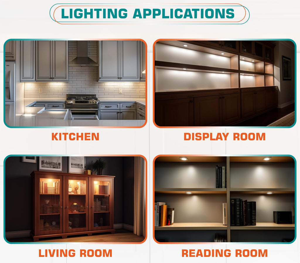 Under Cabinet Lighting Kit, Curio Display Case Lighting, Dimmable Wireless RF Remote Control, Linkable Wired LED Puck