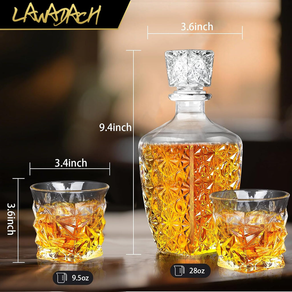 Whiskey Decanter Set with 2 Glasses, Glass Liquor Decanter 28oz - Set of 2
