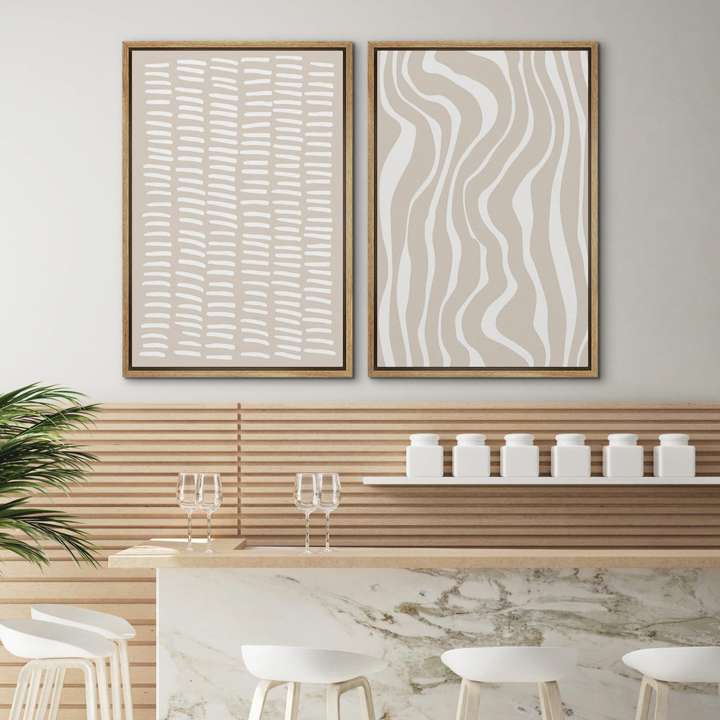 Framed Canvas Print Wall Art Set Tan White Geometric Stripe Collage Abstract Shapes Cozy Neutral Modern Art Minimal