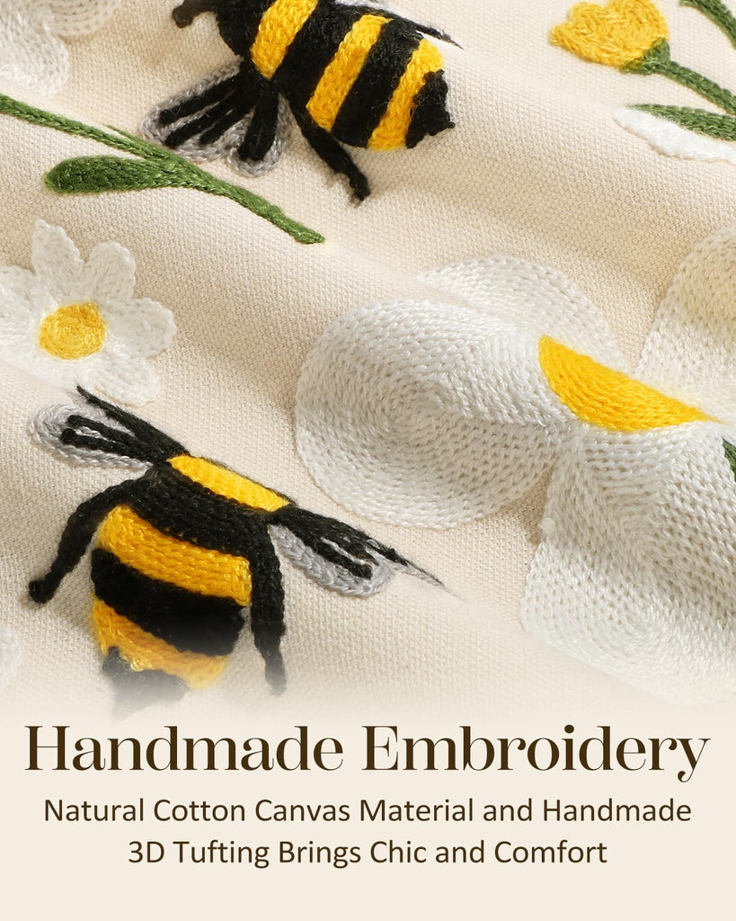 Embroidered Lumbar Pillow Cover 20x12 Inch, Flower Bee
