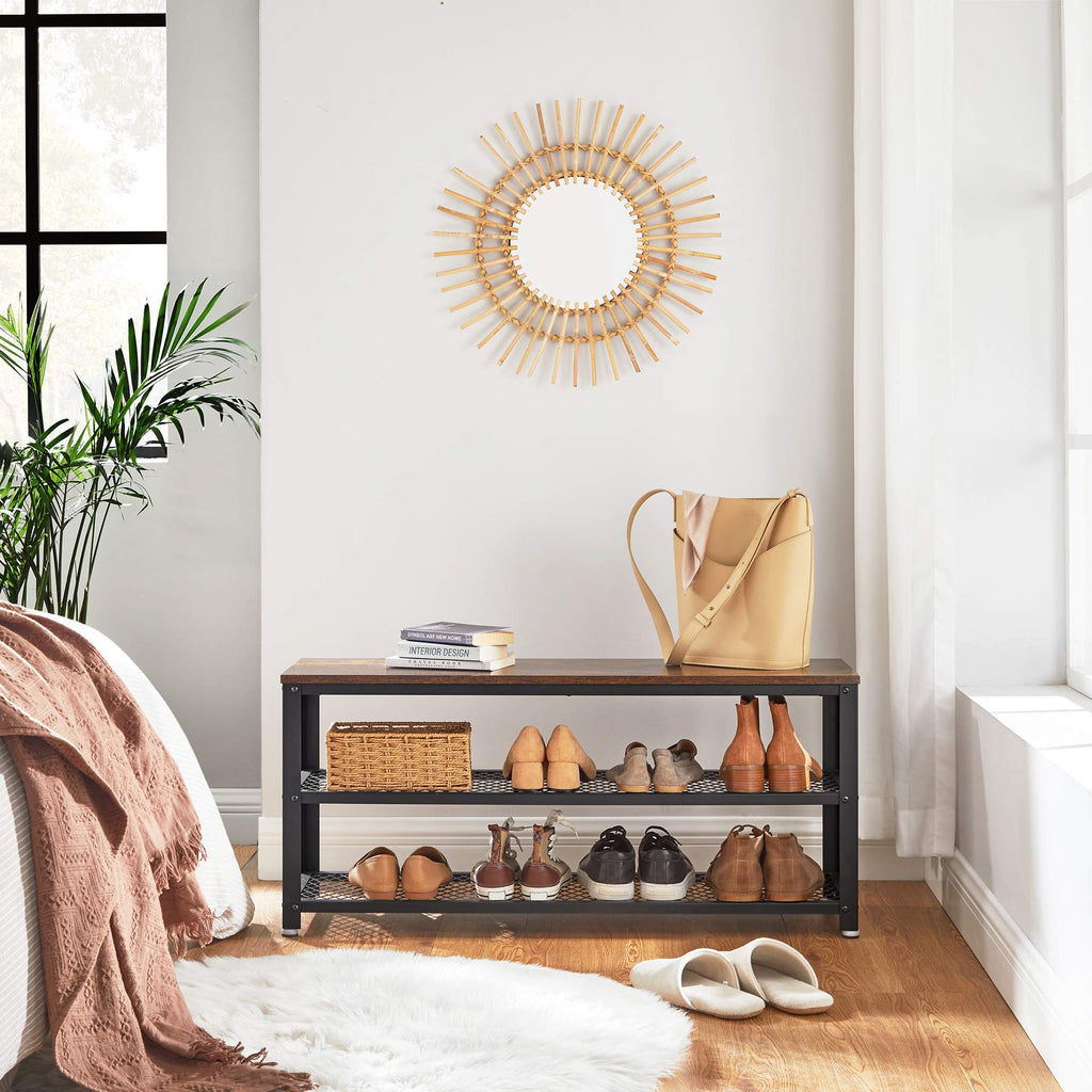 3-Tier Shoe Rack, Storage Bench with Metal Mesh Shelves and Seat
