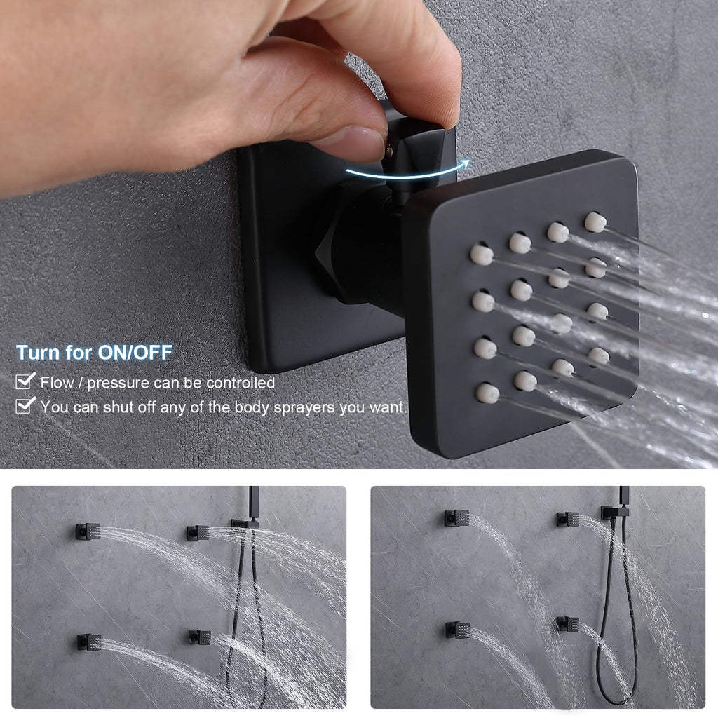 Dual Rain LED Shower System, 14"x20" Large Shower Head + 6" Wall Shower, 4 Body Jets with Individual On/Off &