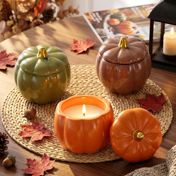 Fall Ceramic Pumpkin Candle Gift Set, Autumn Scented Candle, 14.4oz Soy Wax Pumpkin Jar Candles, Thanksgiving - Set of 3