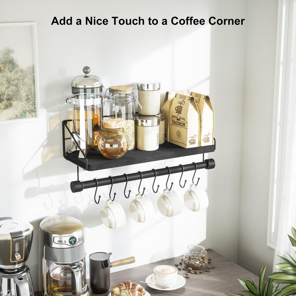 Floating Shelf for Wall with Wooden Towel Bar, Black