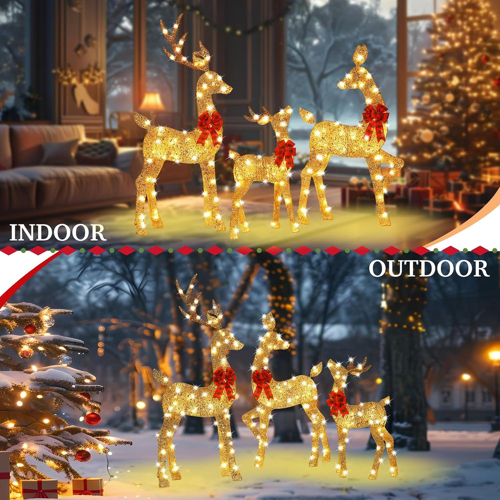 48 Inch 2.5D Gold Lighted Christmas Deer Decorations 3-Piece Outdoor Holiday Decorations Reindeer Set with 145 Warm