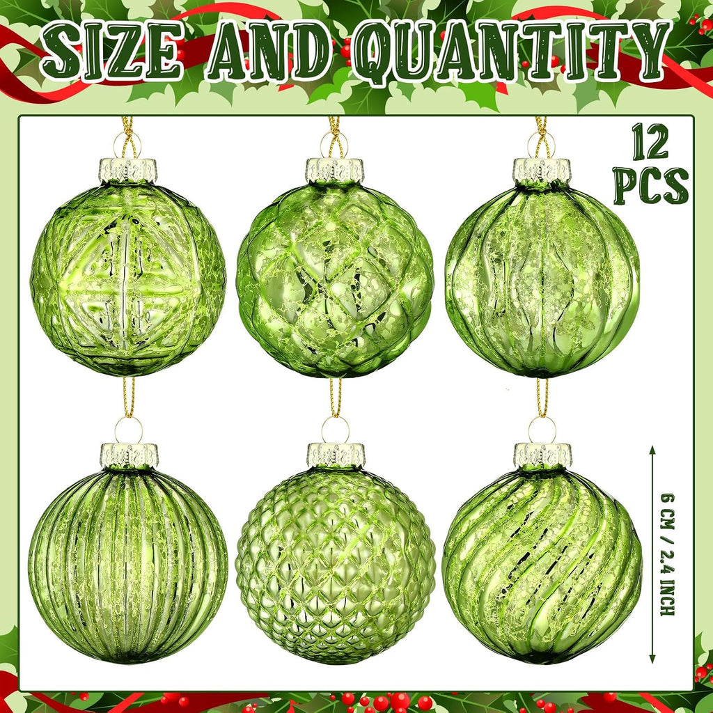Christmas Lime Green Glass Ball Ornaments, Tree Decoration - Set of 12