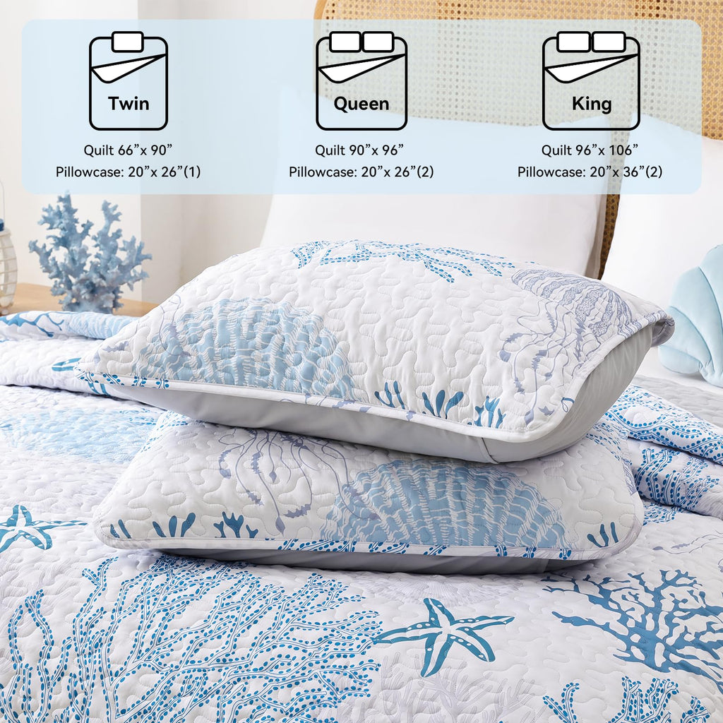 Coastal Quilt, Blue Coral Lightweight Summer Bedding