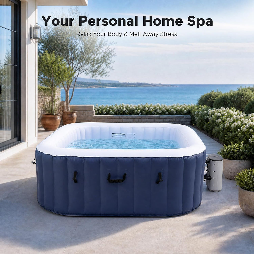 6ft Inflatable Hot Tub, 4-Person Outdoor Spa with 94 Air Jets & Heater | Square 40 °C Powerful Heating & Soothing