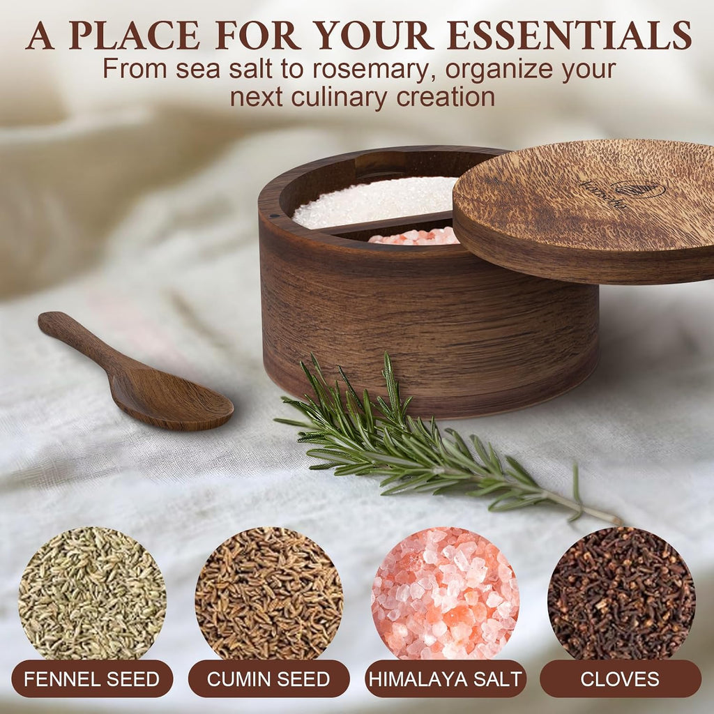 Salt Cellar with Lid & Spoon, Acacia Wood Salt Container, Salt Holder