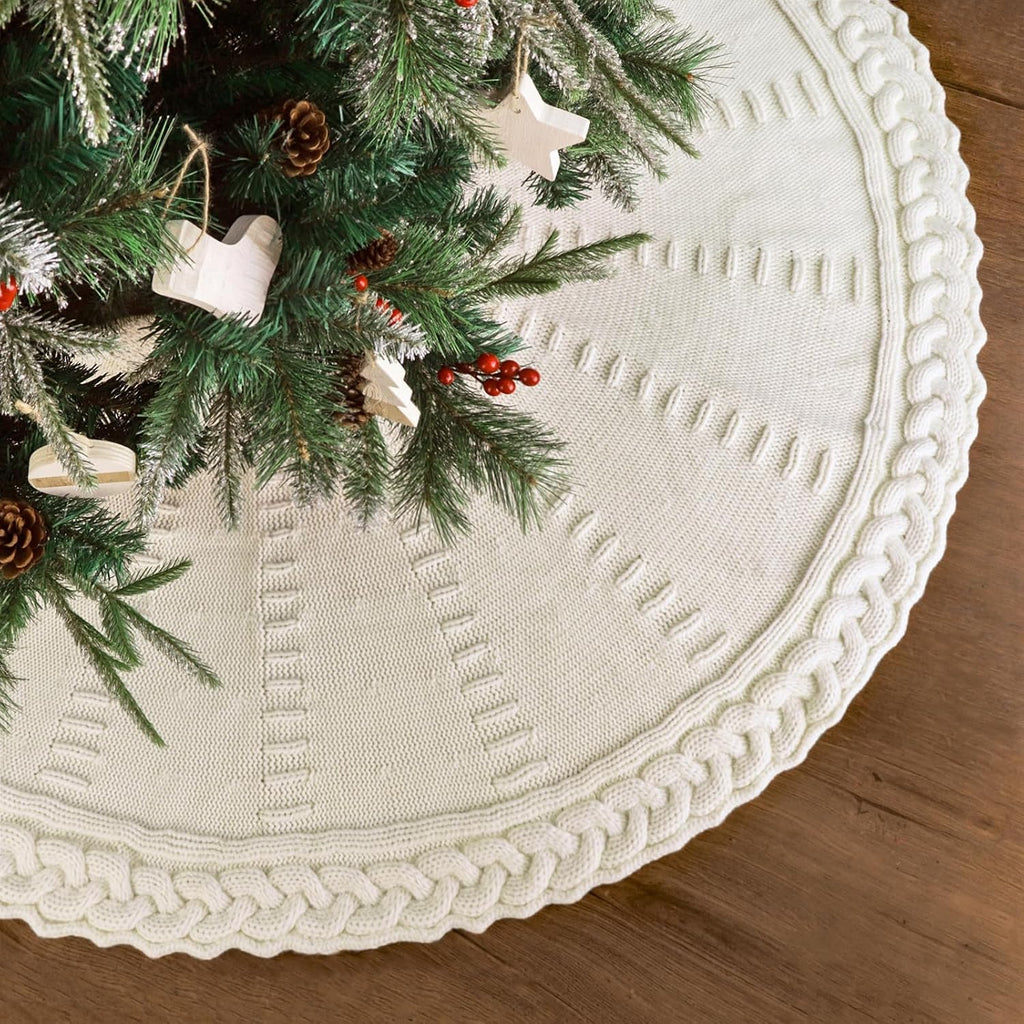 36 Inch Christmas Tree Skirt: Pencil Tree Skirt for 6FT Tree, Braided Cable Knit Cream White Small Tree Skirt