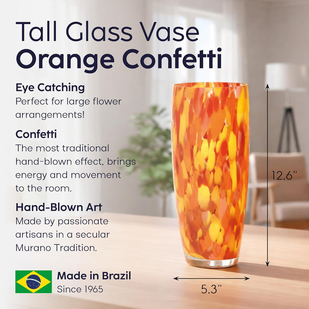Murano Style Glass Vase Hand Blown Orange Confetti Effect Home Decor AD3